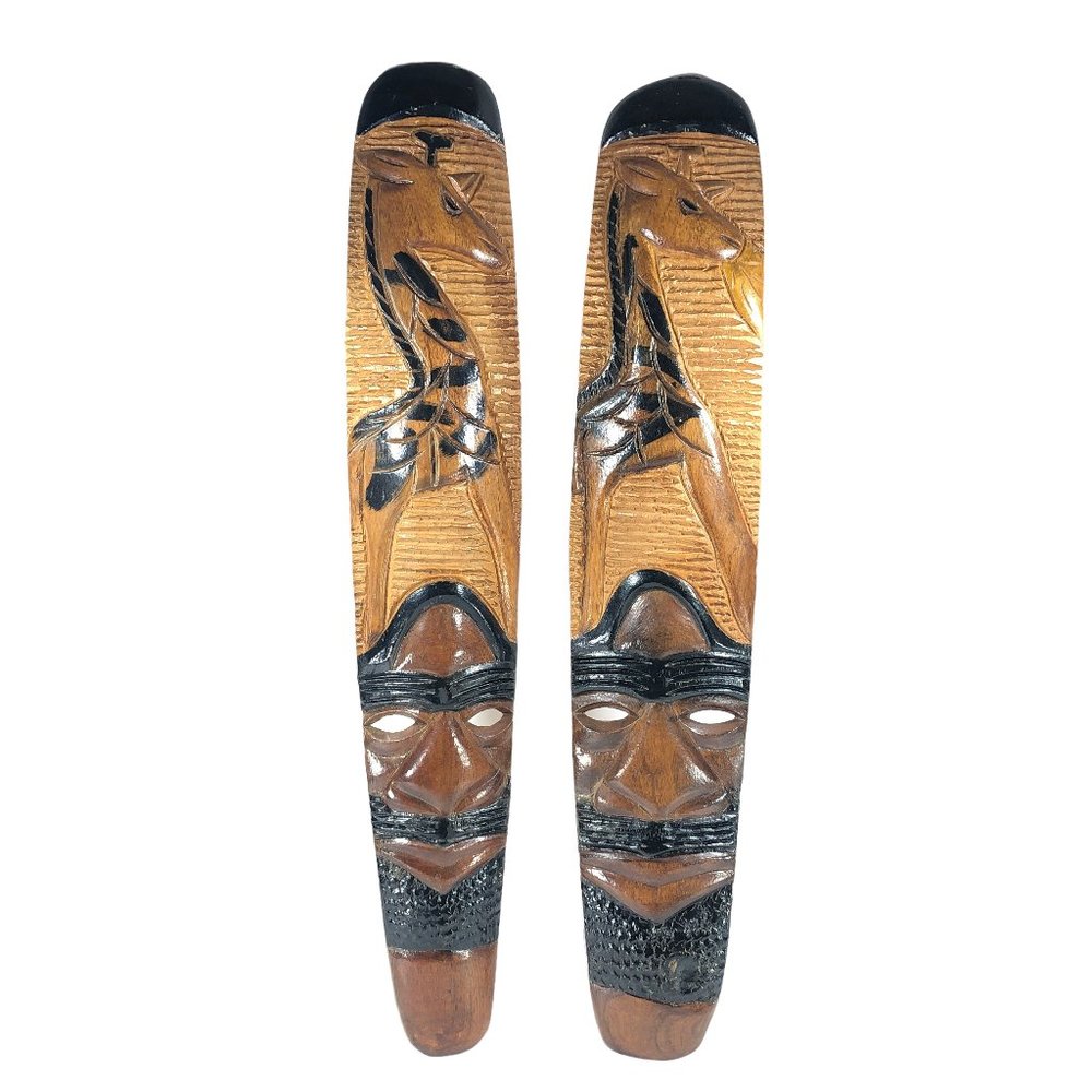 2ct Giraffe Hand Carved Wood Mask African Style Tribal Art Wall Decor 24.5 in